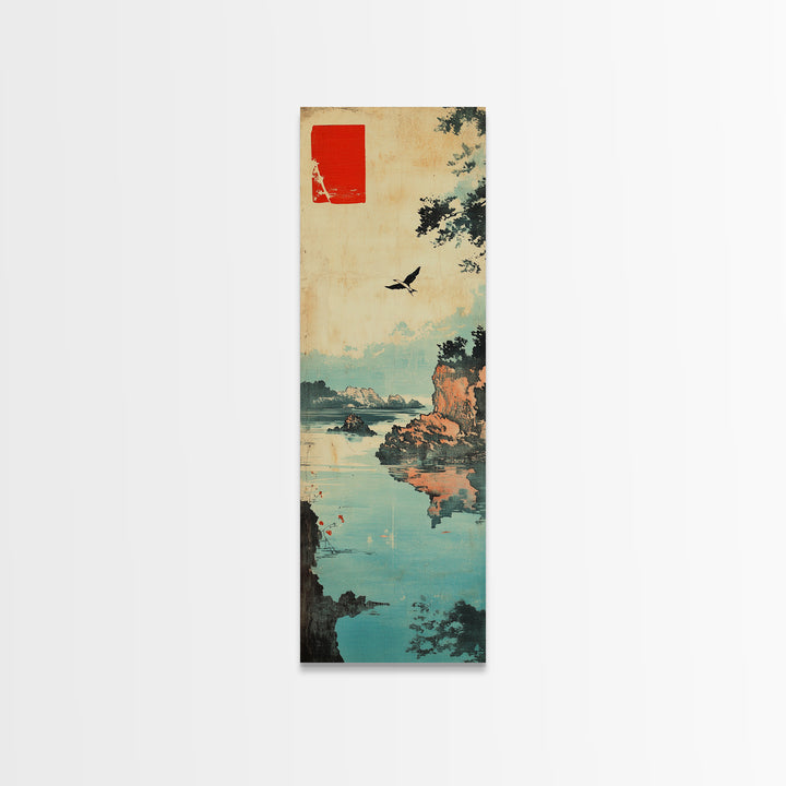 Quiet Japanese Coast With Bird Wall Art, Ukiyo E Landscape Print, Asian Inspired Decor, Tranquil Lake Home Decor For Living Room