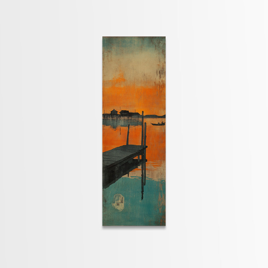 Orange Sunset Dock Wall Art, Moody Seascape Canvas, Coastal Wall Decor, Lake House Decor For Nautical Living Room, Home Decor