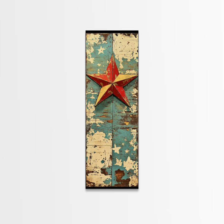 Rustic Red Star On Blue Wood Wall Art, Americana Canvas Print, Farmhouse Wall Decor, Patriotic Western Home Decor, Porch Decor