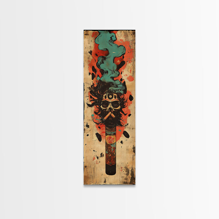 Smoking Tribal Mask With Teal Smoke Canvas Print, African Inspired Art, Afrocentric Wall Decor, Bold Man Cave Decor Gift