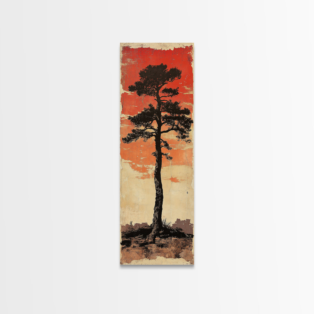 Lone Black Pine Tree At Red Sunset Canvas Print, Japanese Wall Art, Rustic Landscape Art, Long Narrow Nature Wall Decor Gift