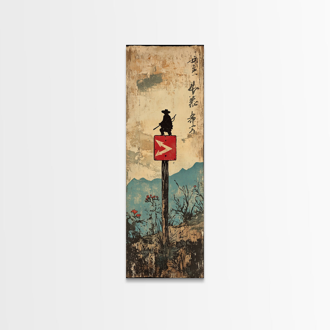 Samurai Silhouette On Mountain Signpost Wall Art, Japanese Landscape Print, Asian Inspired Decor, Long Narrow Home Decor Gift