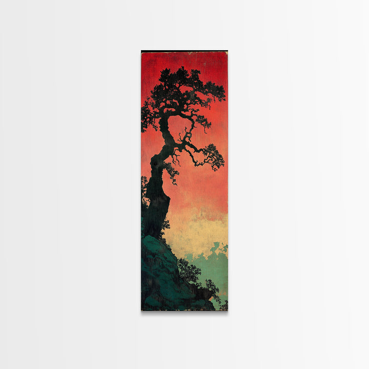 Twisted Black Pine Tree At Red Dusk Canvas Print, Japanese Wall Art, Moody Landscape Decor, Long Narrow Nature Gift For Her