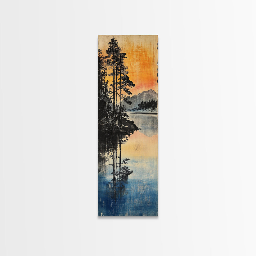 Misty Pine Lake Reflection Sunset Mountains Wall Art, Japanese Landscape Print, Rustic Cabin Decor, Nature Living Room Art