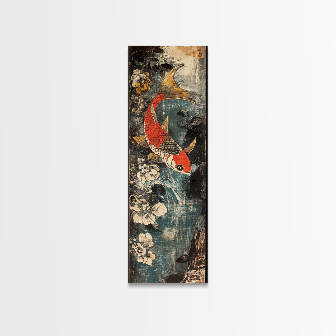 Red And Gold Koi Fish With White Flowers Wall Art, Japanese Koi Art, Asian Bathroom Decor, Zen Nature Canvas Print, Living Room Decor