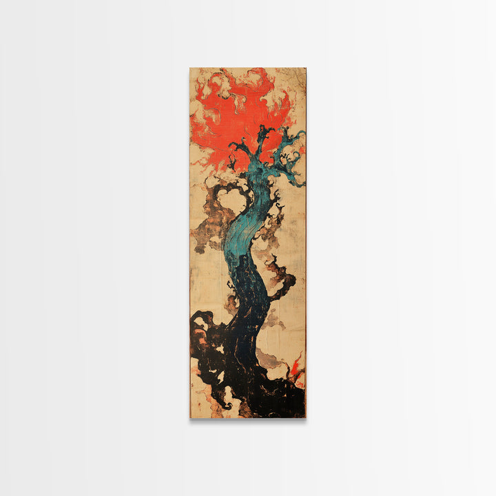 Teal Twisted Tree With Red Flame Clouds Framed Canvas Print, Japanese Abstract Wall Art, Moody Organic Modern Decor, Statement Art