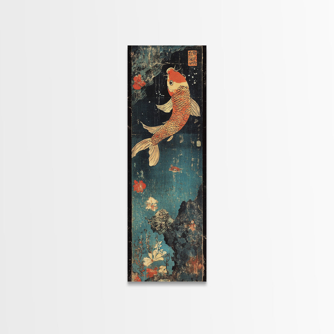 Golden Koi Fish With Coral Flowers Framed Canvas Print, Japanese Koi Wall Art, Zen Bathroom Decor, Asian Nature Art Print