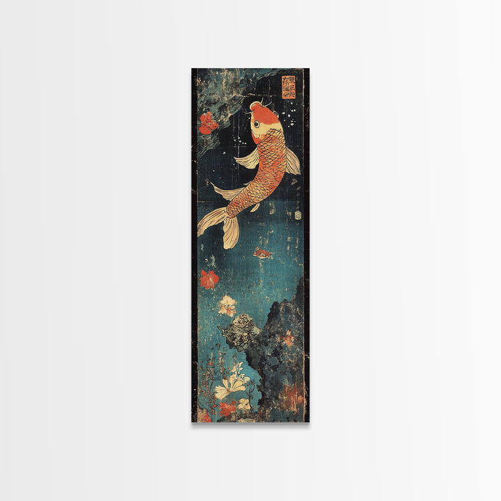 Golden Koi Fish With Coral Flowers Framed Canvas Print, Japanese Koi Wall Art, Zen Bathroom Decor, Asian Nature Art Print