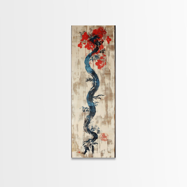 Blue Twisting Tree With Red Blossoms Canvas Print, Japanese Botanical Wall Art, Minimalist Nature Decor, Modern Zen Art Print