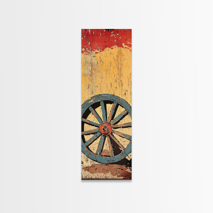 Blue Wagon Wheel Wall Art, Rustic Western Canvas Print, Distressed Farmhouse Decor For Country Home And Living Room Wall Decor
