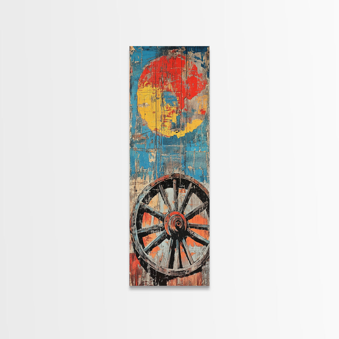 Wagon Wheel With Red Sun Wall Art, Rustic Western Canvas Print, Bold Farmhouse Decor For Living Room And Country Home Wall Decor