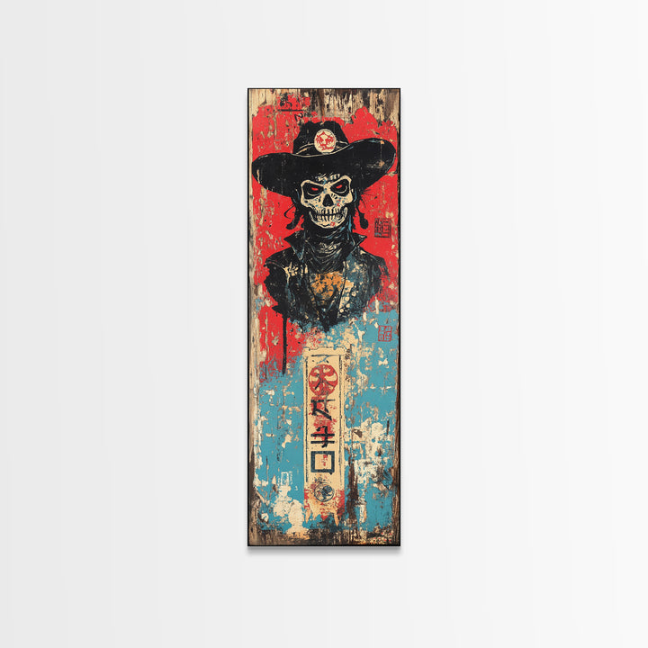 Skeleton Cowboy In Black Hat Wall Art, Gothic Western Canvas Print, Dark Americana Decor For Man Cave And Eclectic Room Decor