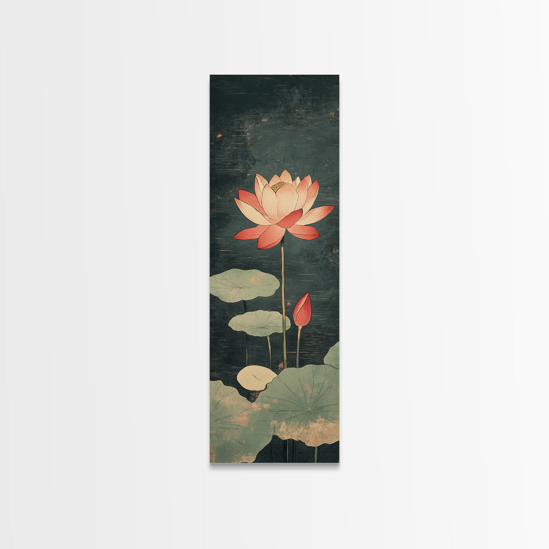 Pink Lotus Flower Pond Wall Art, Japanese Botanical Canvas Print, Serene Nature Decor For Spa Bathroom And Meditation Room