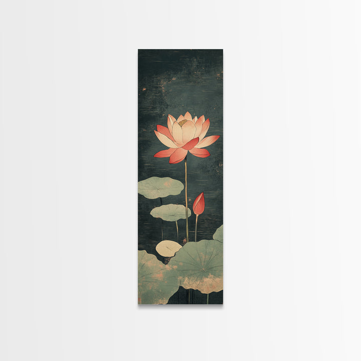 Pink Lotus Flower Pond Wall Art, Japanese Botanical Canvas Print, Serene Nature Decor For Spa Bathroom And Meditation Room