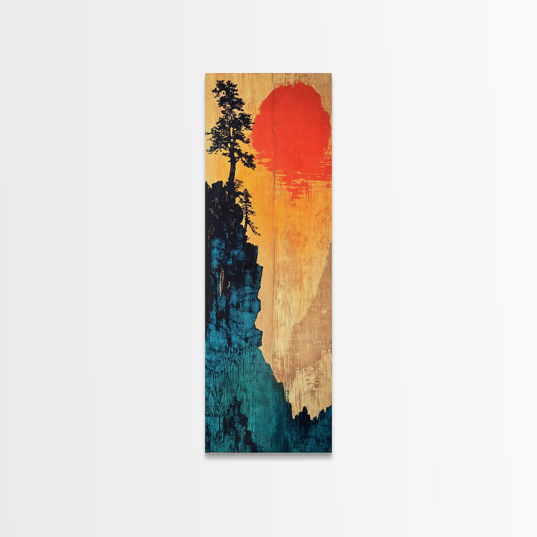 Cliff Silhouette With Red Sun Wall Art, Japanese Landscape Canvas Print, Moody Nature Decor For Living Room And Office Wall Decor