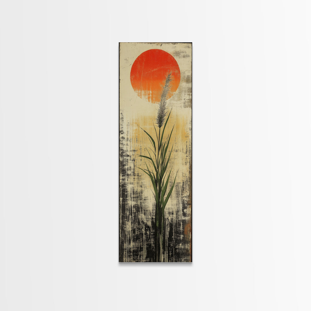 Tall Reed Grass With Red Sun Wall Art, Japanese Botanical Canvas Print, Minimal Nature Decor For Japandi Living Room Wall Decor