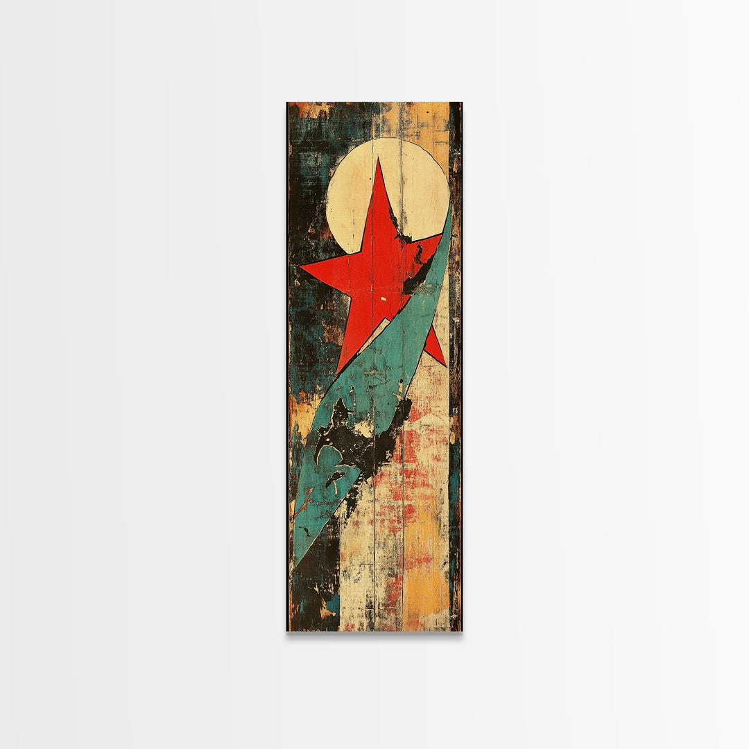 Red Star And Teal Rocket Abstract Canvas Print, Mid Century Modern Wall Art, Retro Futuristic Art, Bold Office Decor, Home Decor