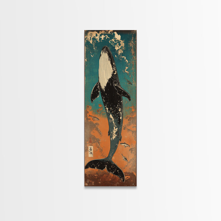 Humpback Whale Rising Through Teal Waves Wall Art, Japanese Woodblock Style, Ocean Wall Art, Marine Life Art, Coastal Decor