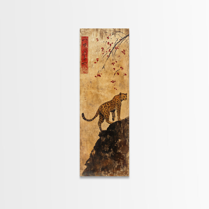 Spotted Leopard On Rocky Cliff Wall Art, Asian Wildlife Decor, Safari Animal Art Print, Maximalist Decor, Framed Canvas Print