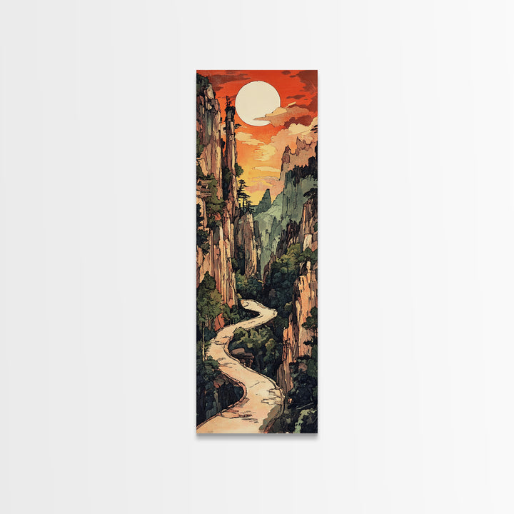 Sunset Canyon River Wall Art, Japanese Landscape Print, Mountain Wall Decor, Large Horizontal Art, Framed Canvas Print, Living Room Decor