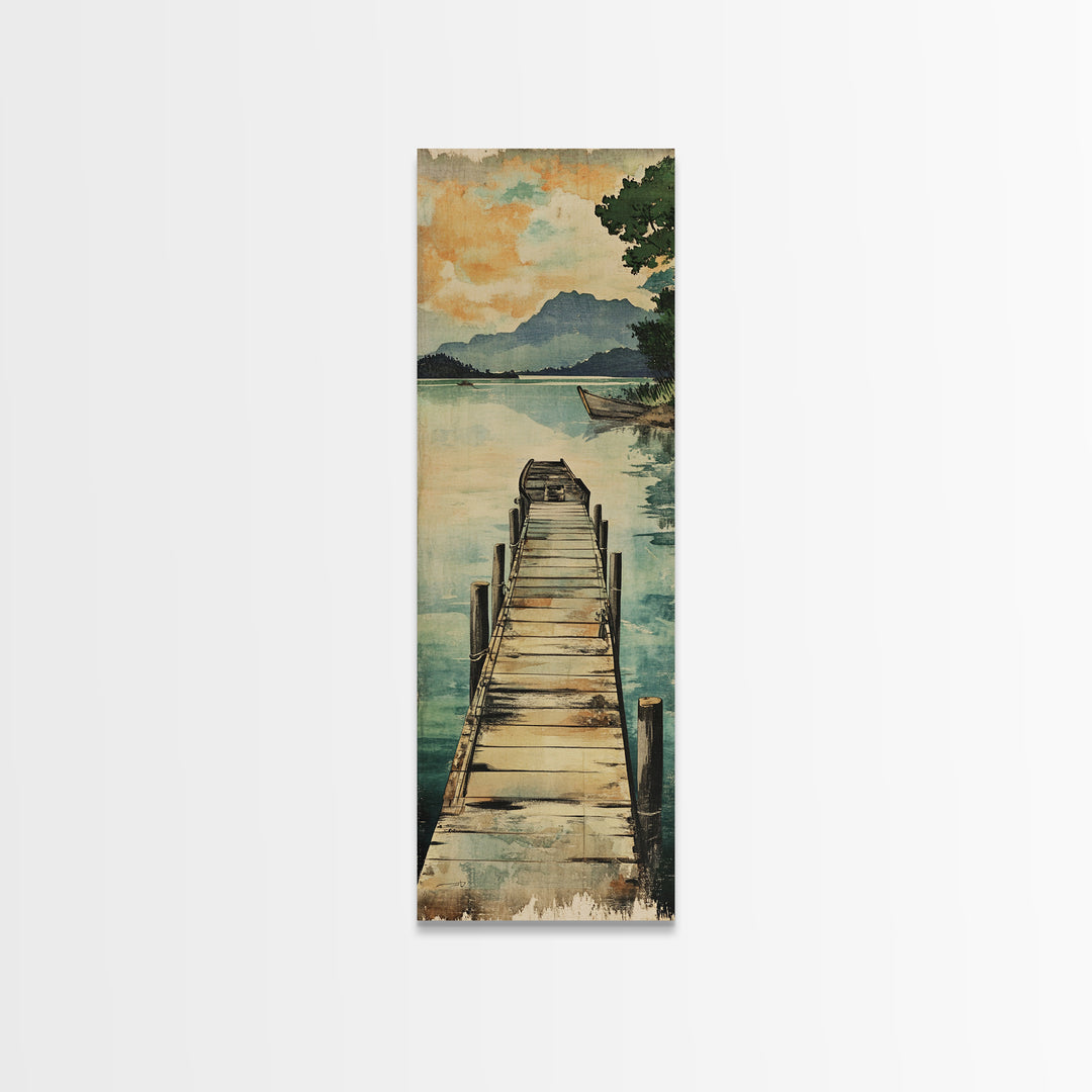 Quiet Lake Dock Framed Canvas Print, Mountain Landscape Wall Art, Serene Nature Decor, Coastal Cabin Living Room Art Print