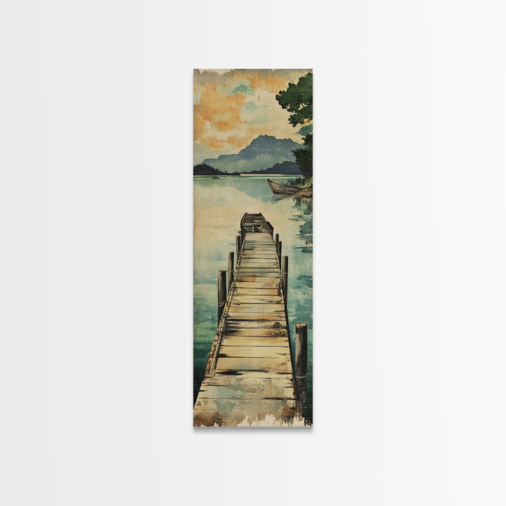 Quiet Lake Dock Framed Canvas Print, Mountain Landscape Wall Art, Serene Nature Decor, Coastal Cabin Living Room Art Print