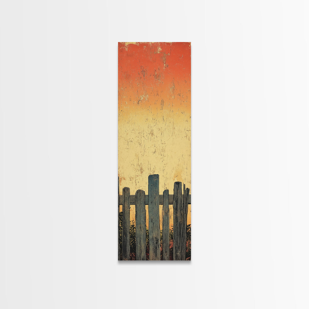 Weathered Fence Sunset Wall Art, Rustic Minimalist Landscape Print, Orange Sky Farmhouse Decor, Tall Vertical Canvas Print