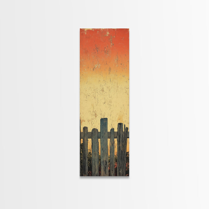 Weathered Fence Sunset Wall Art, Rustic Minimalist Landscape Print, Orange Sky Farmhouse Decor, Tall Vertical Canvas Print
