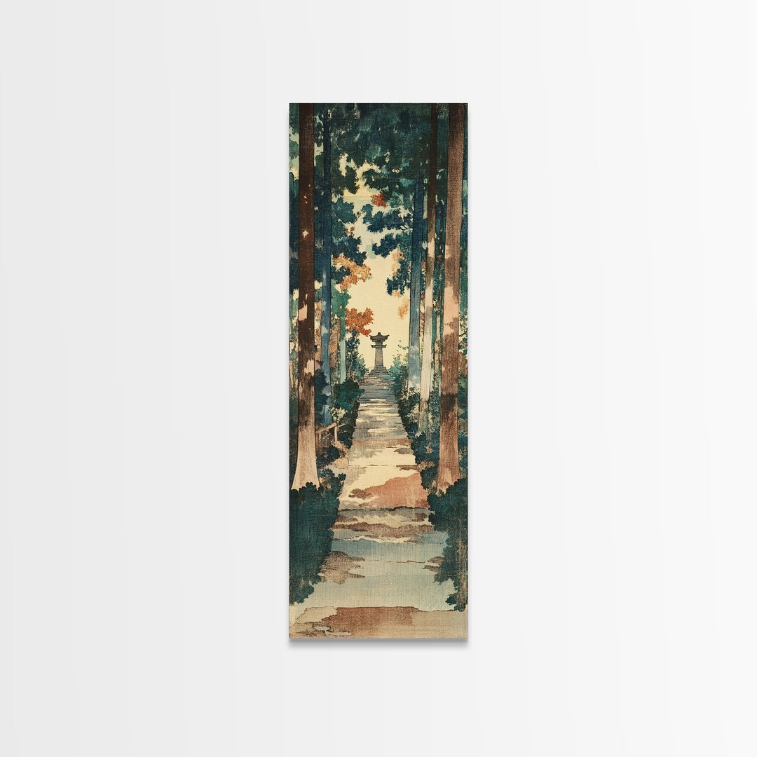 Forest Path Shrine Wall Art, Japanese Garden Canvas Print, Moody Woodland Landscape Decor, Tall Vertical Entryway Wall Art