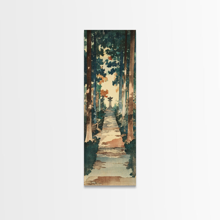 Forest Path Shrine Wall Art, Japanese Garden Canvas Print, Moody Woodland Landscape Decor, Tall Vertical Entryway Wall Art