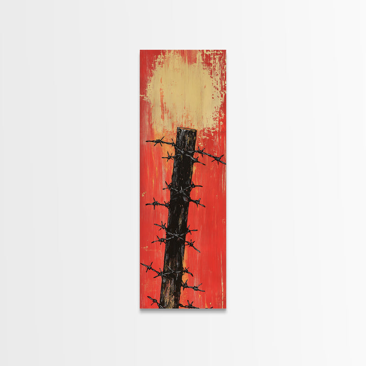 Barbed Wire Fence Post Wall Art, Rustic Western Print, Red Distressed Farmhouse Decor For Man Cave Or Modern Entryway Gift