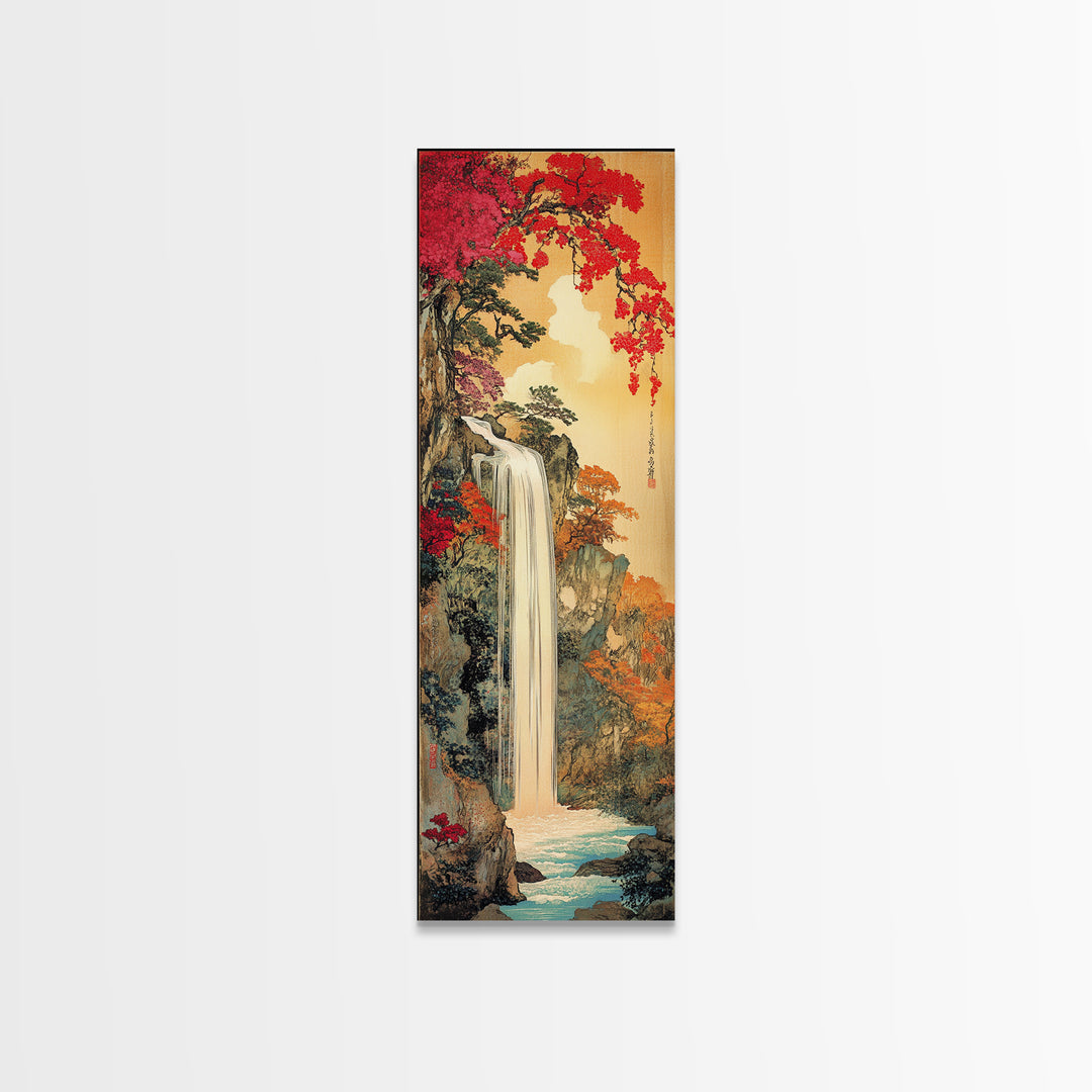 Autumn Waterfall With Red Maple Trees Framed Canvas Print, Japanese Landscape Wall Art, Nature Decor, Living Room Art Print
