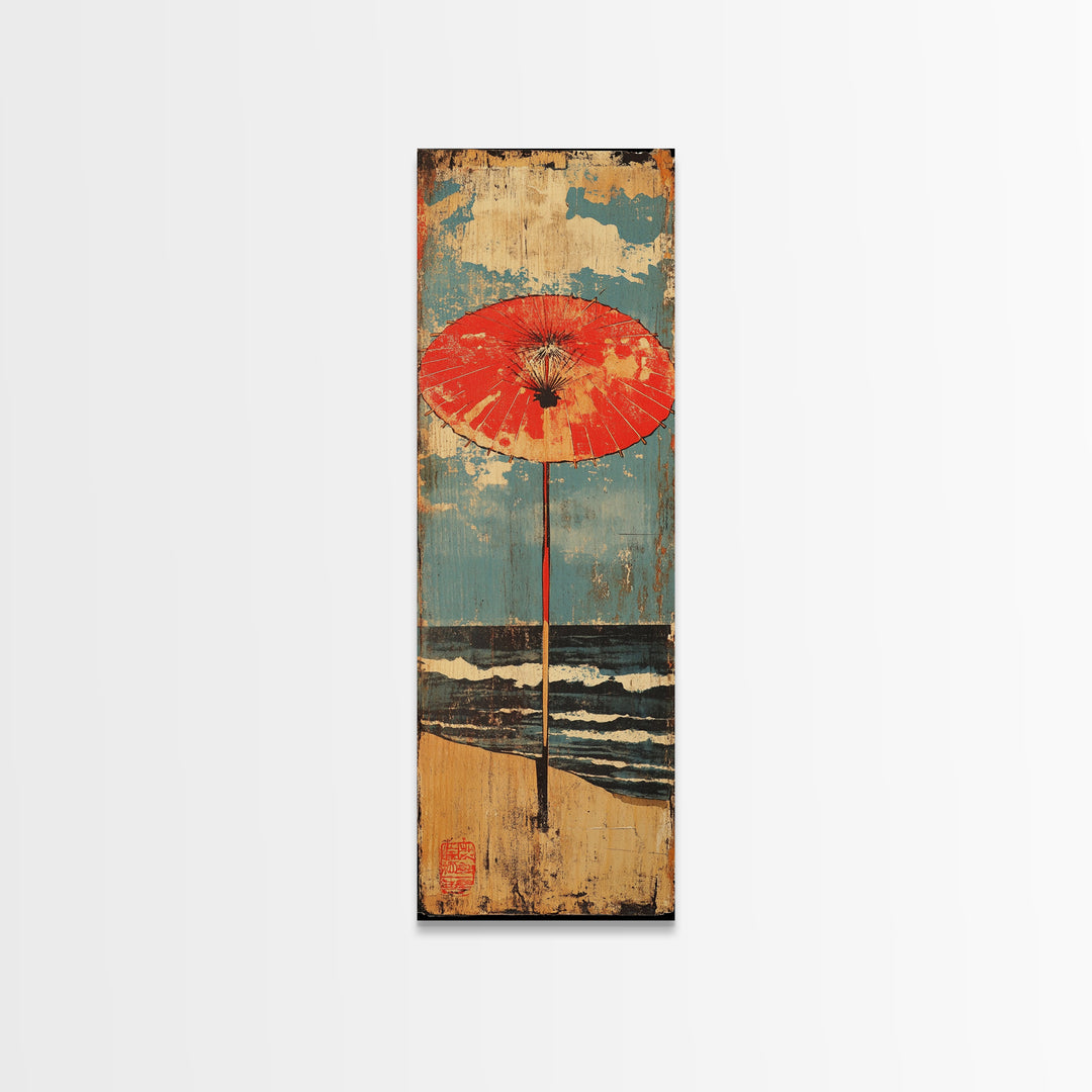 Red Beach Umbrella By Blue Ocean Framed Canvas Print, Coastal Wall Art, Beach House Decor, Summer Seascape Print, Living Room Decor