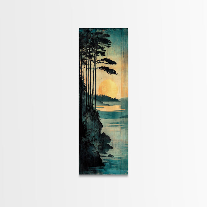 Golden Sun Forest Coast Wall Art, Japanese Landscape Print, Teal Nature Decor, Long Vertical Canvas For Bedroom Or Living Room