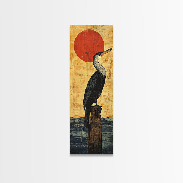 Black Cormorant Bird With Red Sun Wall Art, Japanese Coastal Framed Canvas Print For Nautical Decor And Nature Lovers Gift