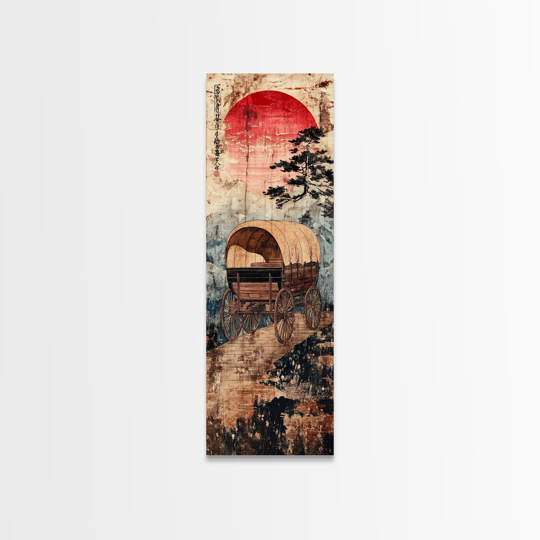 Covered Wagon Under Red Sun Canvas Print, Rustic Western Wall Art For Farmhouse Decor, Cowboy Decor And Housewarming Gift