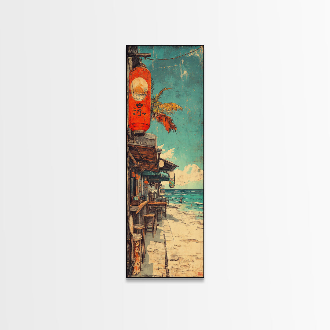 Seaside Japanese Street With Red Lantern Canvas Print, Coastal Wall Art For Beach House Decor, Travel Poster And Ocean Decor