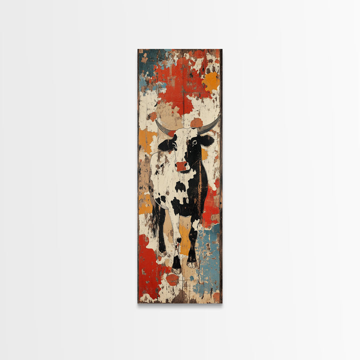 Distressed Black And White Cow Painting Canvas Print, Rustic Farmhouse Wall Art, Western Kitchen Decor, Ranch House Gift