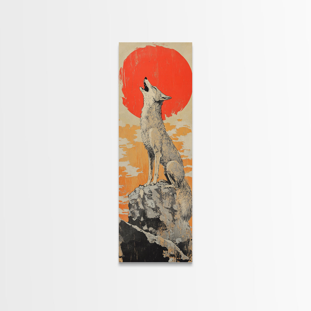 Howling White Wolf With Red Sun Framed Canvas Print, Desert Animal Wall Art, Southwestern Nursery Decor, Wildlife Gift For Him