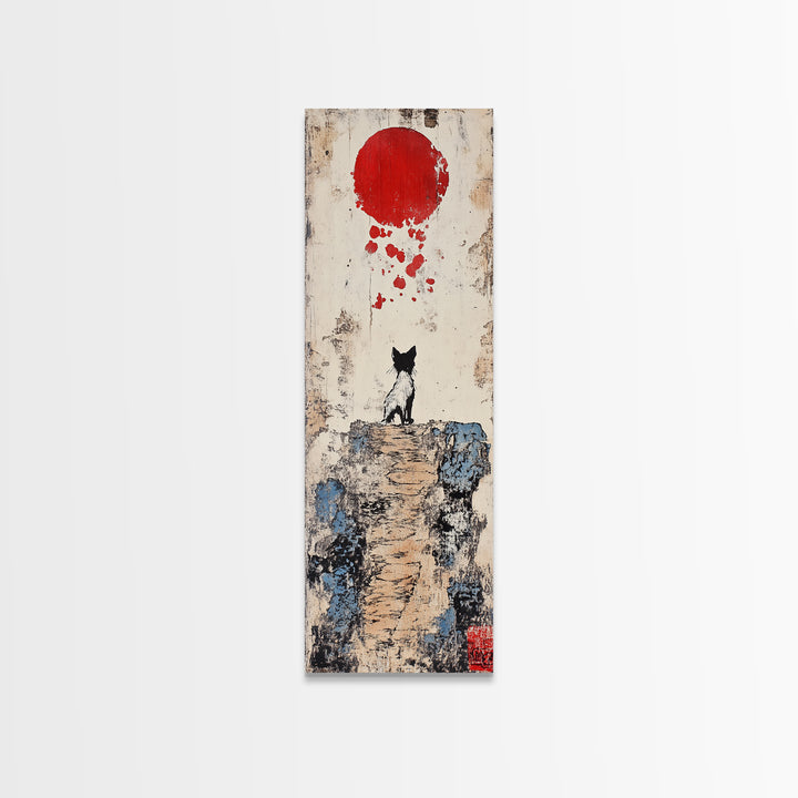 Tiny Black Cat On Cliff With Red Moon Canvas Print, Japanese Wall Art, Whimsical Animal Poster, Nursery Room Decor Unique Gift