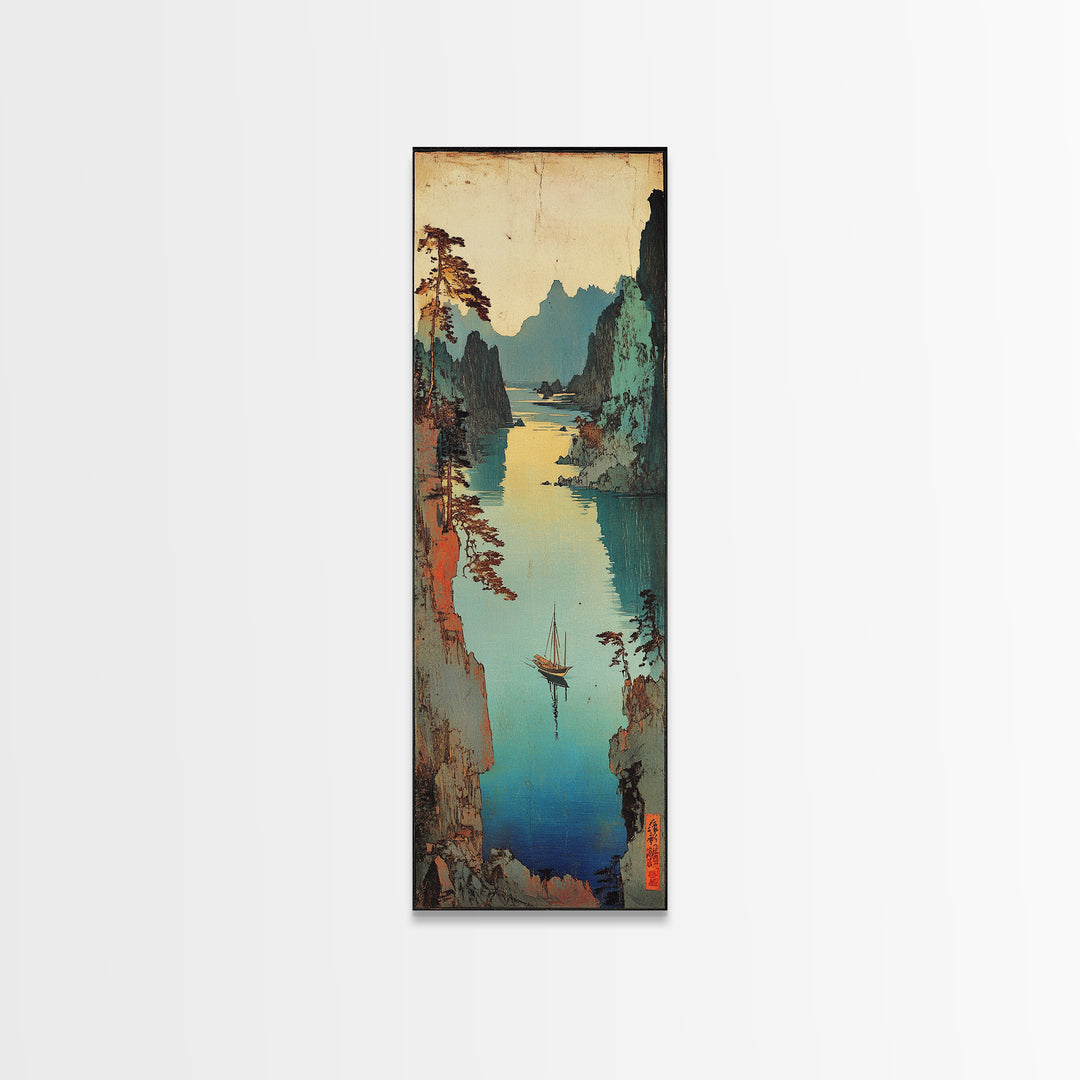Misty Japanese River Gorge With Boats And Teal Cliffs Framed Canvas Print, Asian Landscape Art, Japandi Wall Decor, Zen Decor