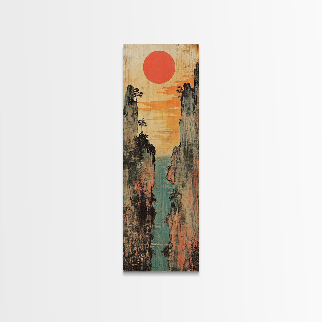 Red Sun Canyon Seascape Between Weathered Cliffs Canvas Print, Japanese Wall Art, Coastal Decor, Modern Landscape, Art Print
