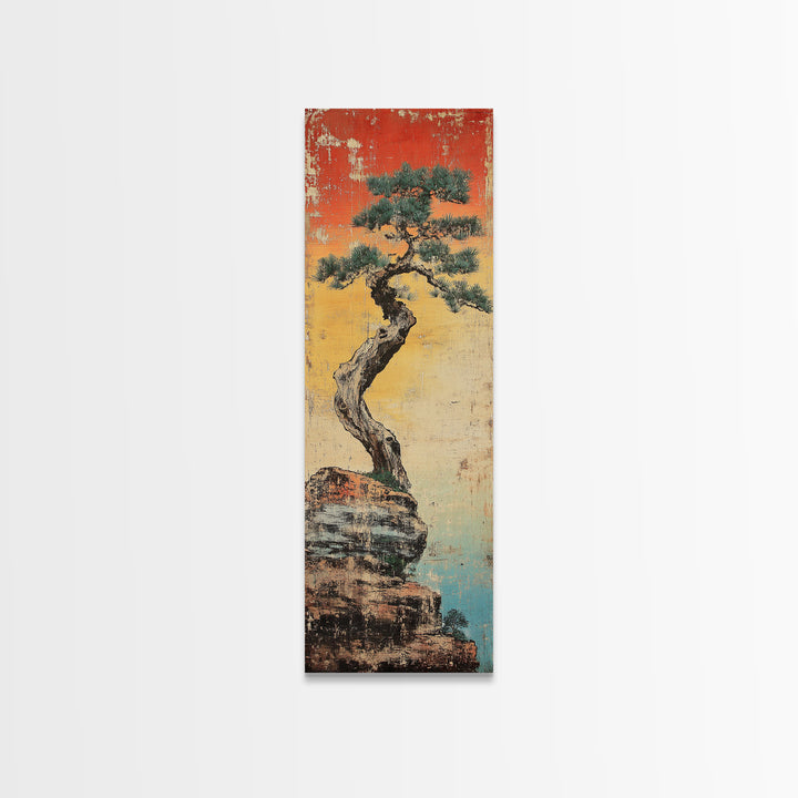 Weathered Bonsai Pine On Rocky Cliff With Red Sky Canvas Print, Japanese Wall Art, Wabi Sabi Decor, Zen Home Decor, Nature Art