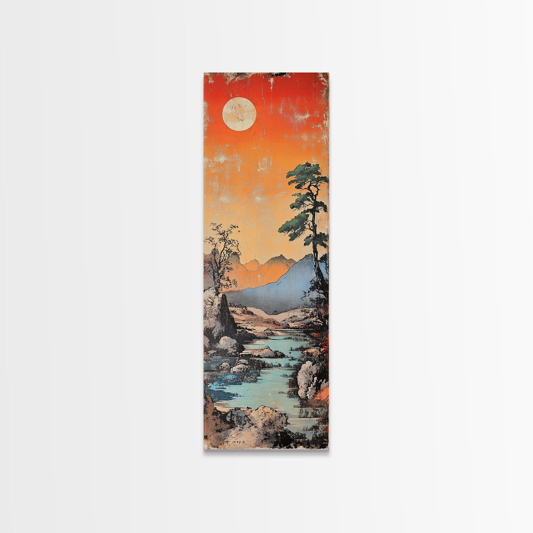 Moonlit Mountain River At Coral Sunset With Lone Pine Wall Art, Japanese Landscape Art, Rustic Decor, Nature Wall Decor Print