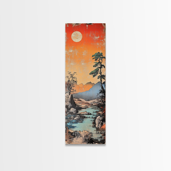 Moonlit Mountain River At Coral Sunset With Lone Pine Wall Art, Japanese Landscape Art, Rustic Decor, Nature Wall Decor Print