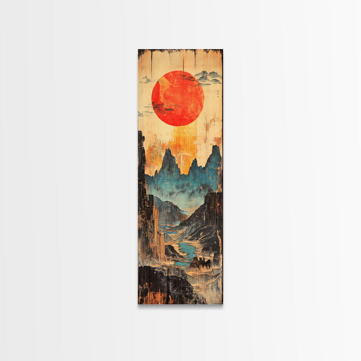 Red Sun Over Blue Mountain Valley And Winding River Wall Art, Japanese Landscape Print, Asian Decor, Statement Artwork, Home Decor