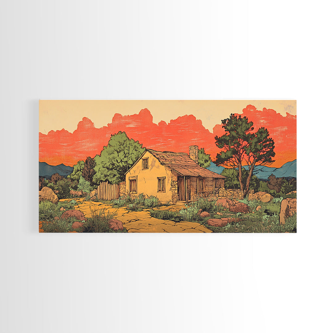 Adobe Desert Cabin At Red Sunset Wall Art, Rustic Southwestern Landscape Print, Western Home Decor, Large Canvas Wall Art