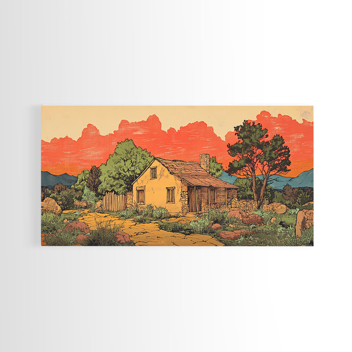 Adobe Desert Cabin At Red Sunset Wall Art, Rustic Southwestern Landscape Print, Western Home Decor, Large Canvas Wall Art