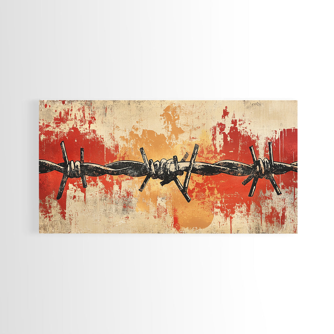 Black Barbed Wire On Red Grunge Canvas Print, Industrial Wall Decor, Edgy Abstract Art, Masculine Office Wall Art, Modern Home Decor