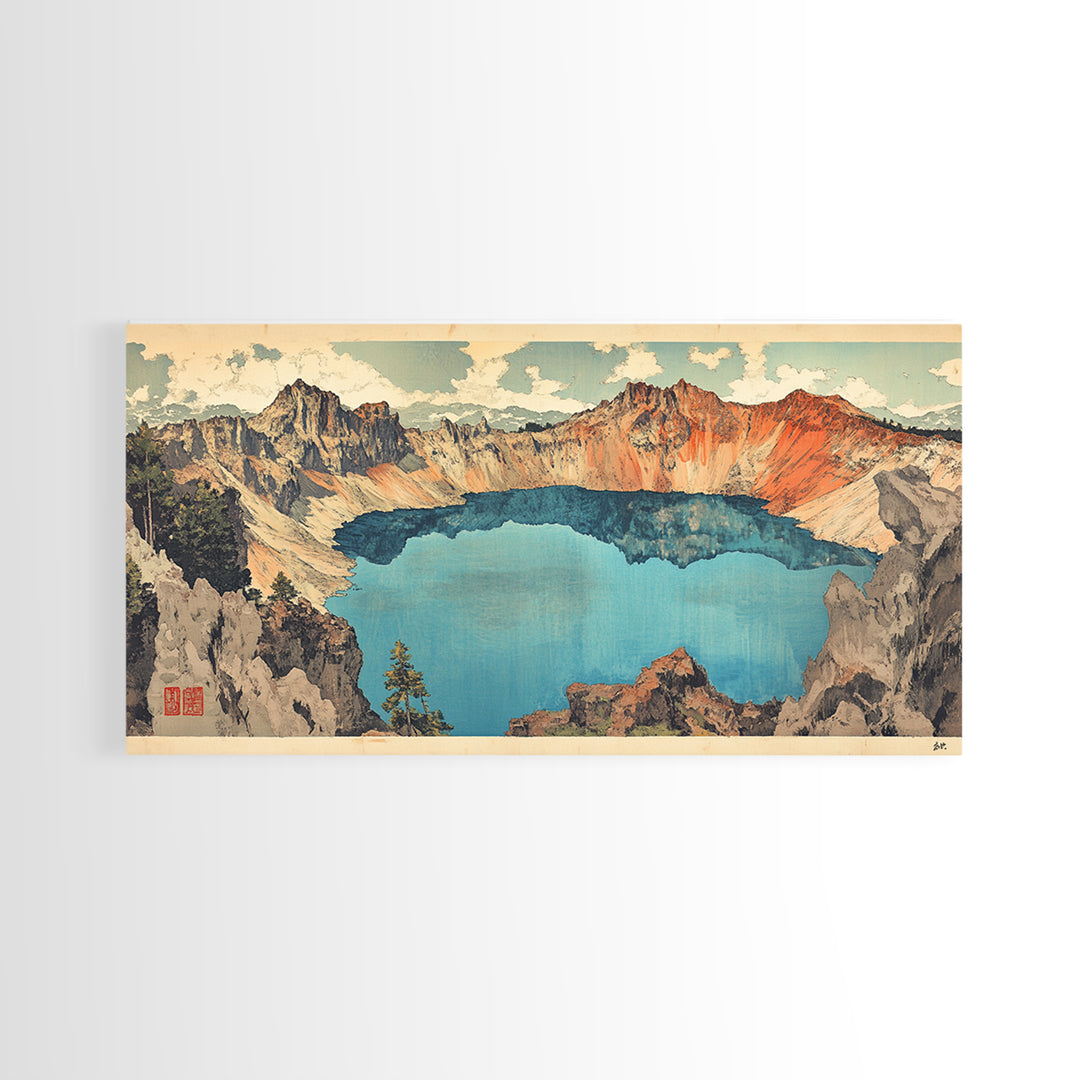 Turquoise Crater Lake And Rugged Mountain Wall Art, Japanese Landscape Print, Panoramic Canvas Art, Nature Home Decor, Large Wall Decor